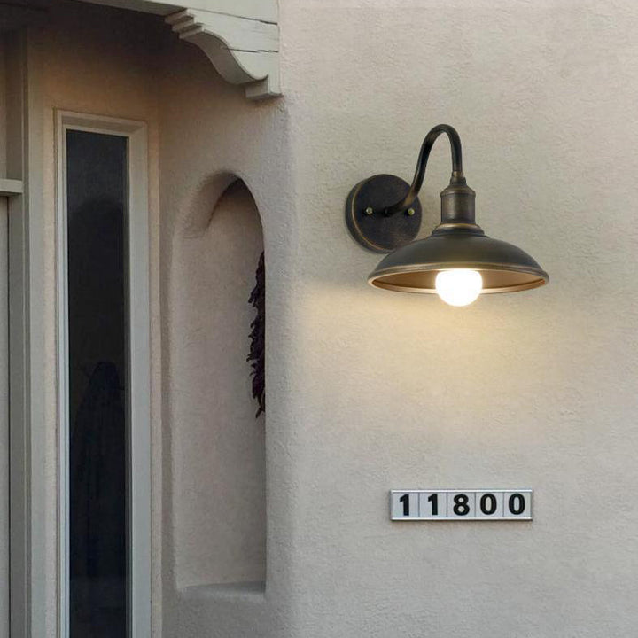 Contemporary Industrial Round Pot Lid Shape Curved Rod Iron Shade 1-Light Wall Sconce Lamp For Outdoor Patio | Bowlift