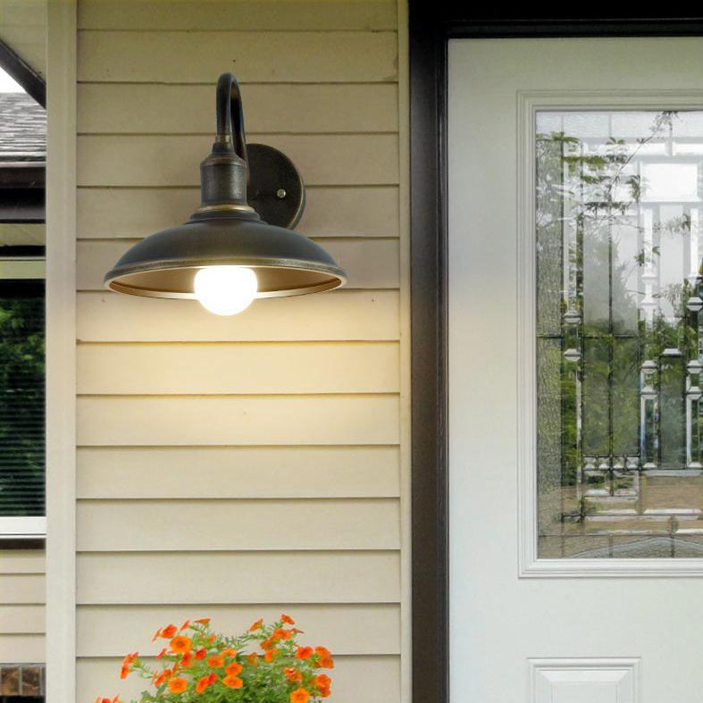 Contemporary Industrial Round Pot Lid Shape Curved Rod Iron Shade 1-Light Wall Sconce Lamp For Outdoor Patio | Bowlift