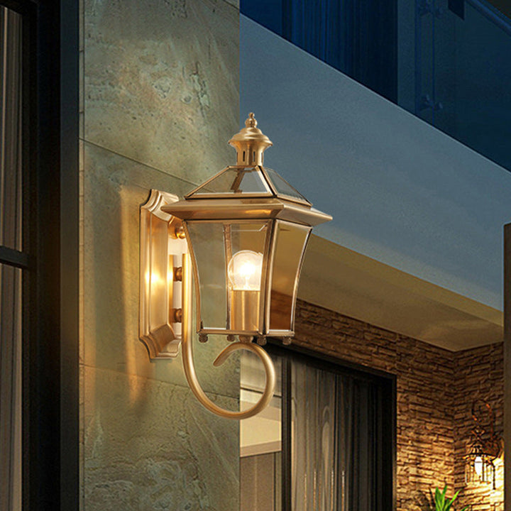 Traditional European Quadrangle Candle Holder Copper Frame Glass Shade 1-Light Wall Sconce Lamp For Garden | Bowlift