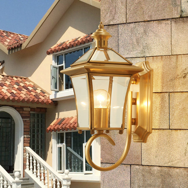 Traditional European Quadrangle Candle Holder Copper Frame Glass Shade 1-Light Wall Sconce Lamp For Garden | Bowlift