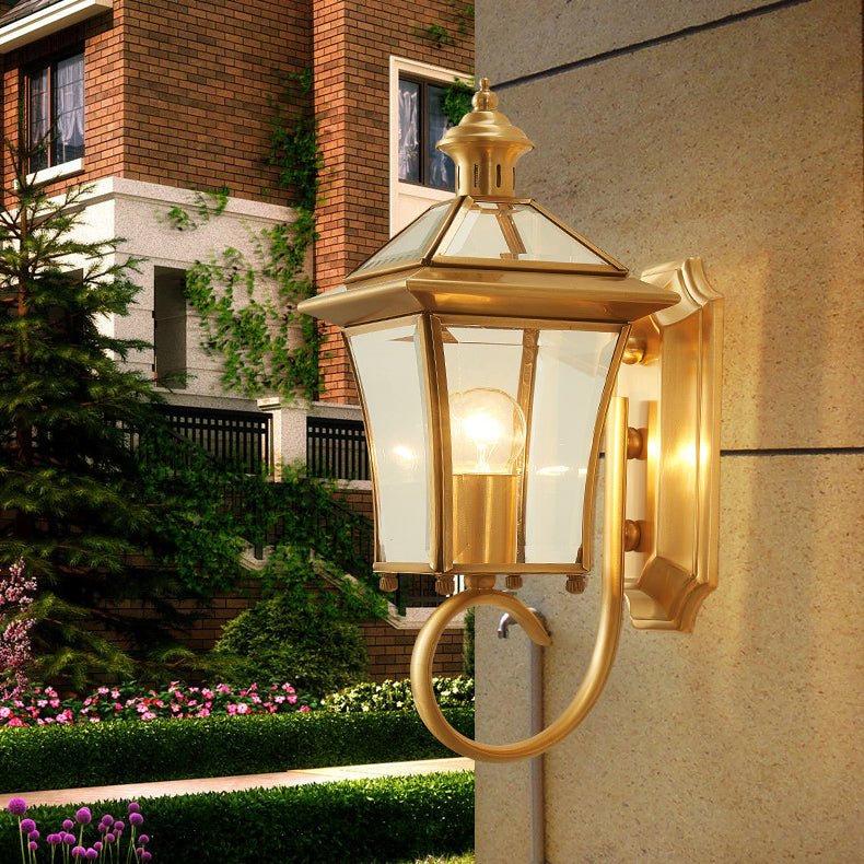 Traditional European Quadrangle Candle Holder Copper Frame Glass Shade 1-Light Wall Sconce Lamp For Garden | Bowlift