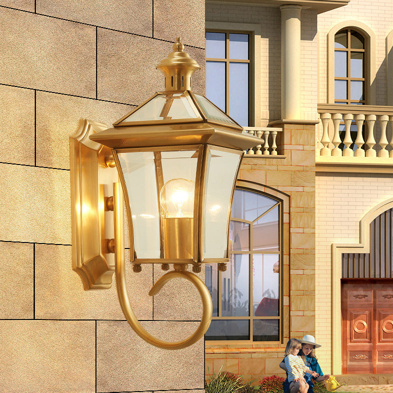 Traditional European Quadrangle Candle Holder Copper Frame Glass Shade 1-Light Wall Sconce Lamp For Garden | Bowlift