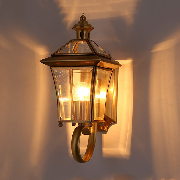 Traditional European Quadrangle Candle Holder Copper Frame Glass Shade 1-Light Wall Sconce Lamp For Garden | Bowlift