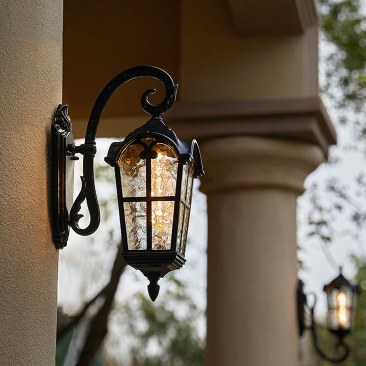 Traditional European Quadrilateral Lace Aluminum Printed Glass 1-Light Outdoor Wall Sconce Lamp For Garden | Bowlift