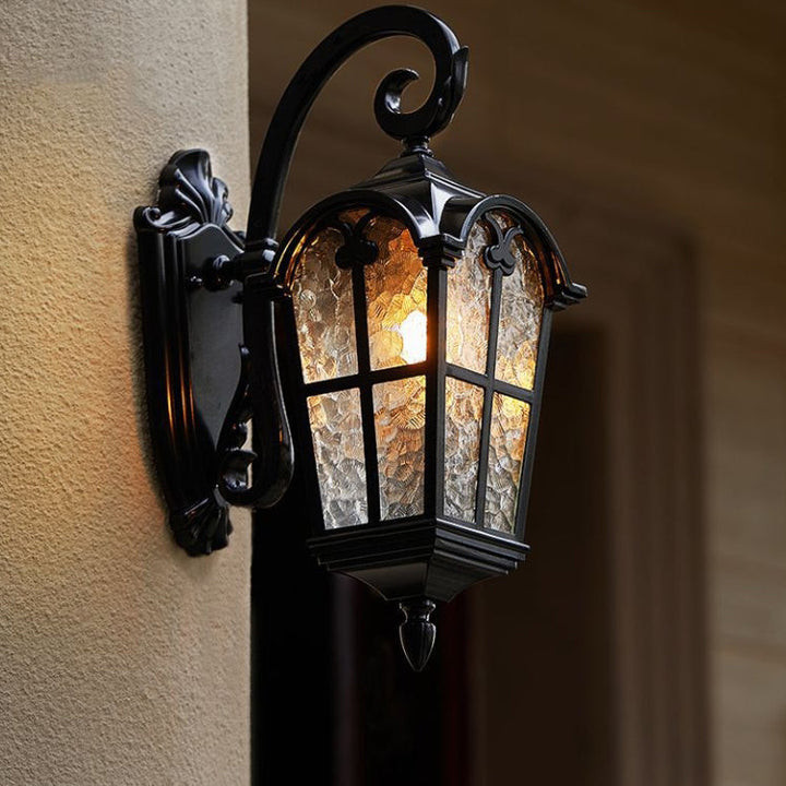 Traditional European Quadrilateral Lace Aluminum Printed Glass 1-Light Outdoor Wall Sconce Lamp For Garden | Bowlift