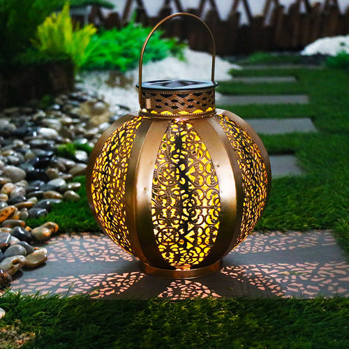Modern Art Deco Solar Waterproof Hexagonal Round Lantern Iron LED Outdoor Light For Garden | Bowlift