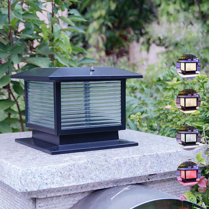 Modern Minimalist Solar Waterproof Rectangular Diamond Stripe Glass Shade Aluminum Frame LED Post Head Light For Garden | Bowlift