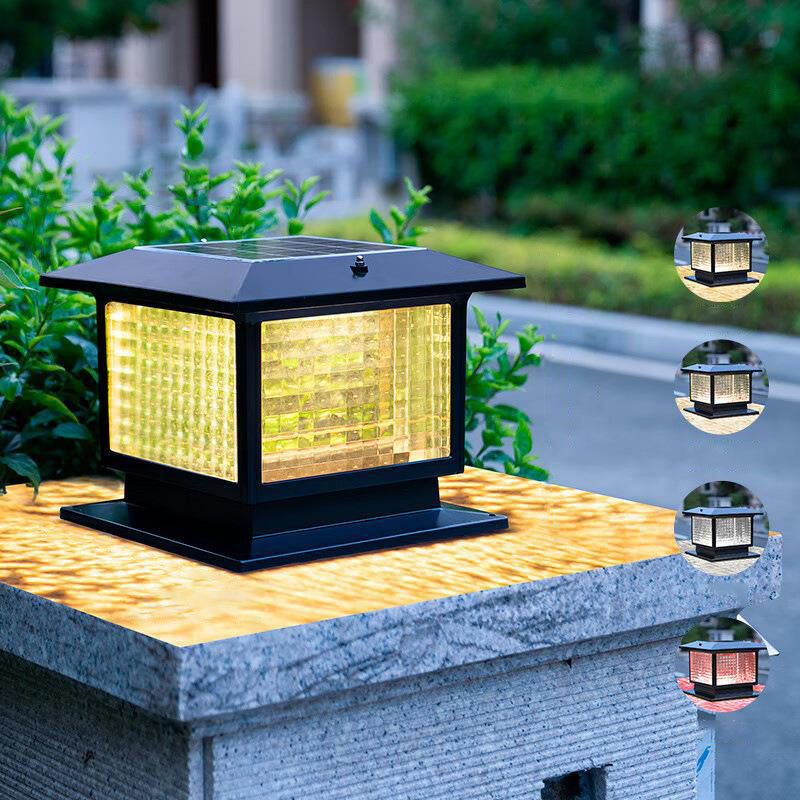 Modern Minimalist Solar Waterproof Rectangular Diamond Stripe Glass Shade Aluminum Frame LED Post Head Light For Garden | Bowlift