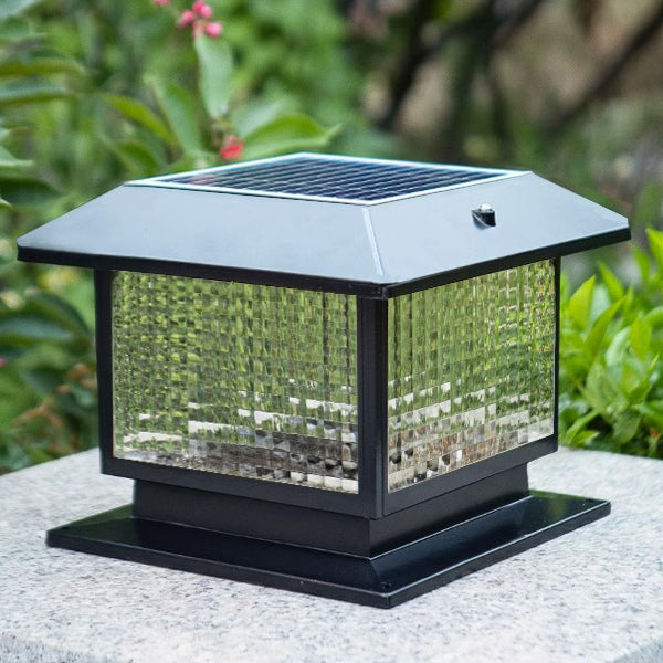 Modern Minimalist Solar Waterproof Rectangular Diamond Stripe Glass Shade Aluminum Frame LED Post Head Light For Garden | Bowlift
