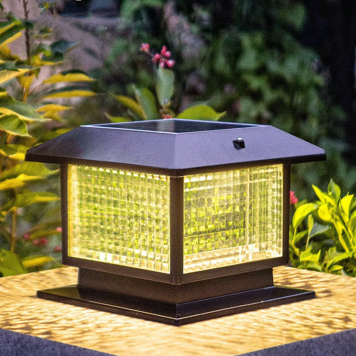 Modern Minimalist Solar Waterproof Rectangular Diamond Stripe Glass Shade Aluminum Frame LED Post Head Light For Garden | Bowlift