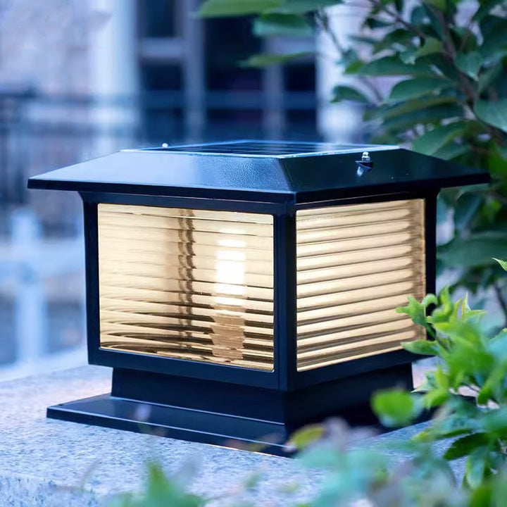 Modern Minimalist Solar Waterproof Rectangular Diamond Stripe Glass Shade Aluminum Frame LED Post Head Light For Garden | Bowlift