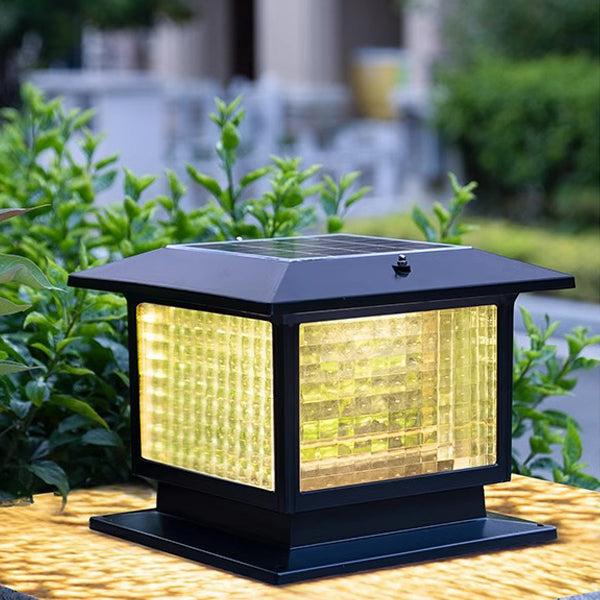 Modern Minimalist Solar Waterproof Rectangular Diamond Stripe Glass Shade Aluminum Frame LED Post Head Light For Garden | Bowlift