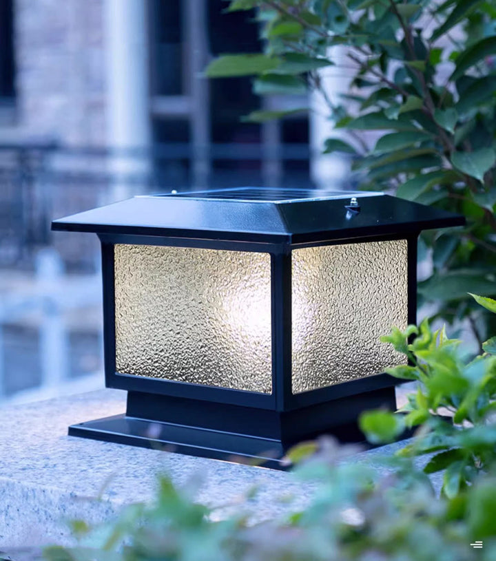 Modern Minimalist Solar Waterproof Rectangular Diamond Stripe Glass Shade Aluminum Frame LED Post Head Light For Garden | Bowlift