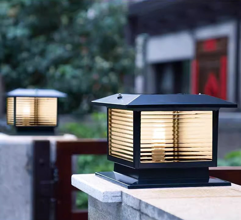 Modern Minimalist Solar Waterproof Rectangular Diamond Stripe Glass Shade Aluminum Frame LED Post Head Light For Garden | Bowlift