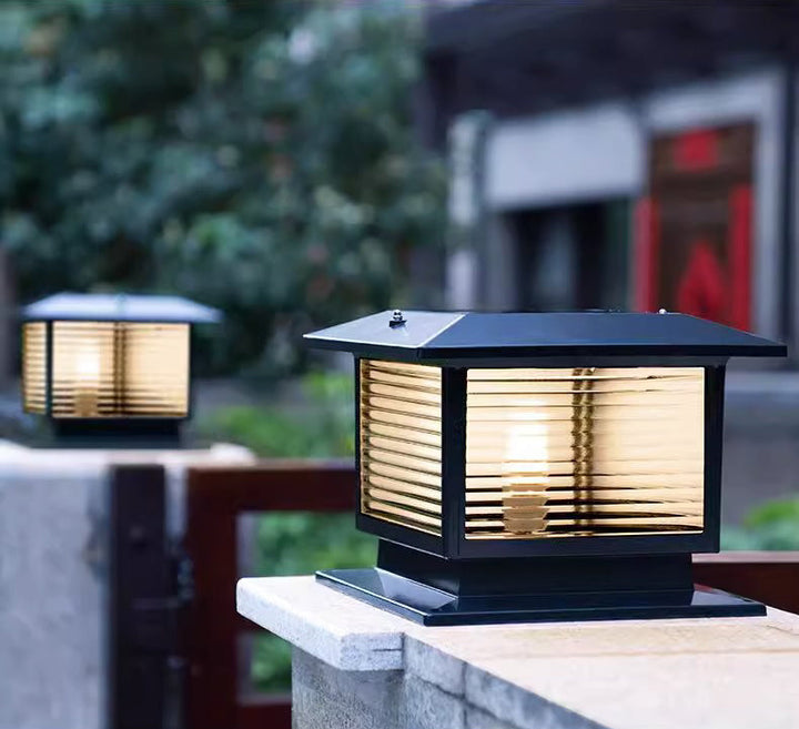 Modern Minimalist Solar Waterproof Rectangular Diamond Stripe Glass Shade Aluminum Frame LED Post Head Light For Garden | Bowlift