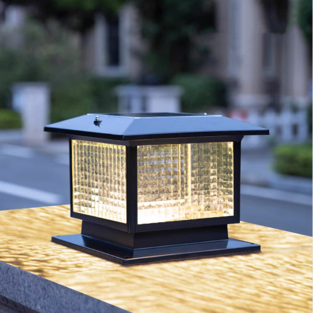Modern Minimalist Solar Waterproof Rectangular Diamond Stripe Glass Shade Aluminum Frame LED Post Head Light For Garden | Bowlift