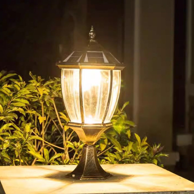 Contemporary Retro Hexagon Aluminum Glass LED Solar Post Head Landscape Light For Garden | Bowlift