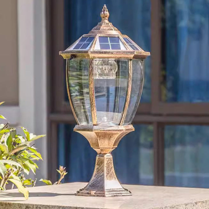 Contemporary Retro Hexagon Aluminum Glass LED Solar Post Head Landscape Light For Garden | Bowlift