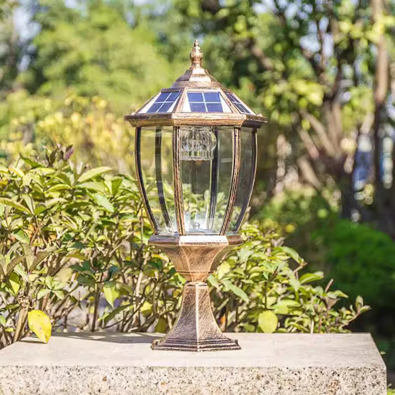 Contemporary Retro Hexagon Aluminum Glass LED Solar Post Head Landscape Light For Garden | Bowlift