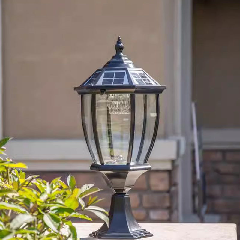 Contemporary Retro Hexagon Aluminum Glass LED Solar Post Head Landscape Light For Garden | Bowlift
