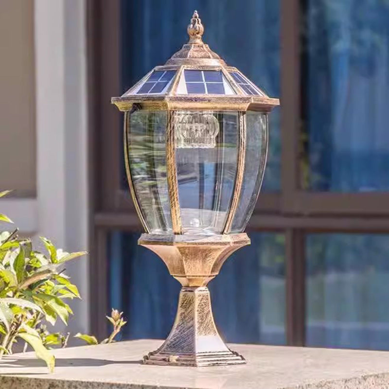 Contemporary Retro Hexagon Aluminum Glass LED Solar Post Head Landscape Light For Garden | Bowlift