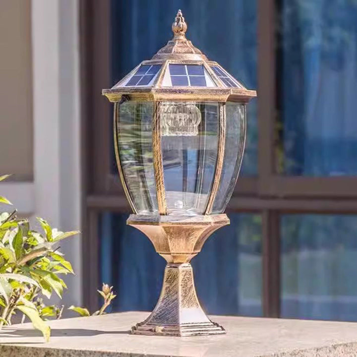 Contemporary Retro Hexagon Aluminum Glass LED Solar Post Head Landscape Light For Garden | Bowlift