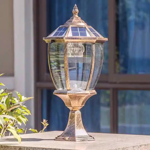 Contemporary Retro Hexagon Aluminum Glass LED Solar Post Head Landscape Light For Garden | Bowlift