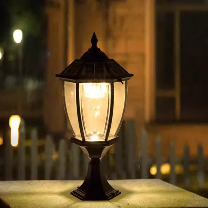 Contemporary Retro Hexagon Aluminum Glass LED Solar Post Head Landscape Light For Garden | Bowlift
