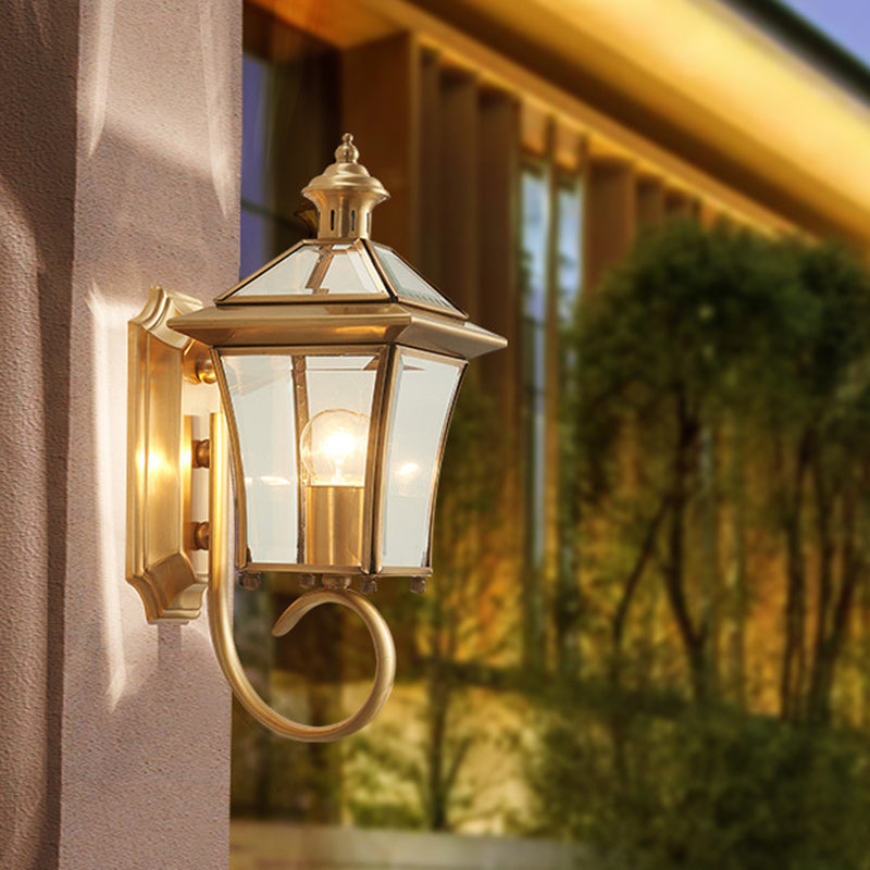 Traditional European Trapezoid Copper Glass 1-Light Wall Sconce Lamp For Garden | Bowlift