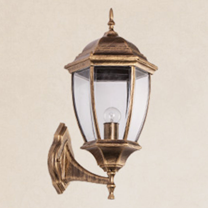 Contemporary Retro Waterproof Hexagonal Cage Aluminum Frosted Clear Glass 1-Light Wall Sconce Lamp For Outdoor Patio | Bowlift