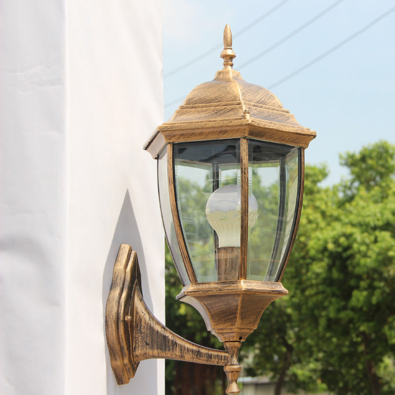 Contemporary Retro Waterproof Hexagonal Cage Aluminum Frosted Clear Glass 1-Light Wall Sconce Lamp For Outdoor Patio | Bowlift