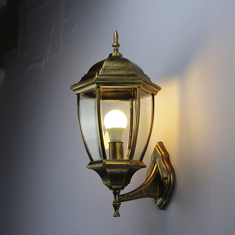 Contemporary Retro Waterproof Hexagonal Cage Aluminum Frosted Clear Glass 1-Light Wall Sconce Lamp For Outdoor Patio | Bowlift
