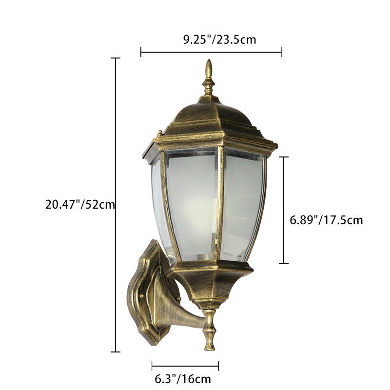 Contemporary Retro Waterproof Hexagonal Cage Aluminum Frosted Clear Glass 1-Light Wall Sconce Lamp For Outdoor Patio | Bowlift
