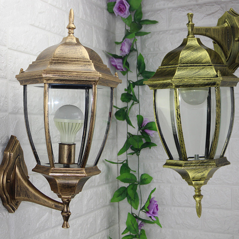 Contemporary Retro Waterproof Hexagonal Cage Aluminum Frosted Clear Glass 1-Light Wall Sconce Lamp For Outdoor Patio | Bowlift