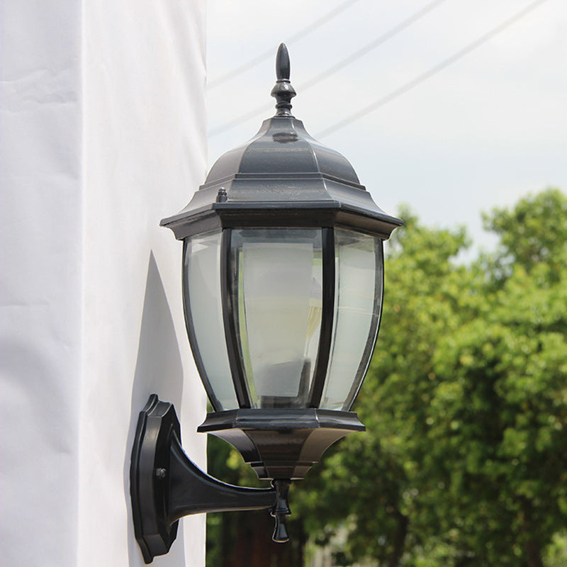 Contemporary Retro Waterproof Hexagonal Cage Aluminum Frosted Clear Glass 1-Light Wall Sconce Lamp For Outdoor Patio | Bowlift