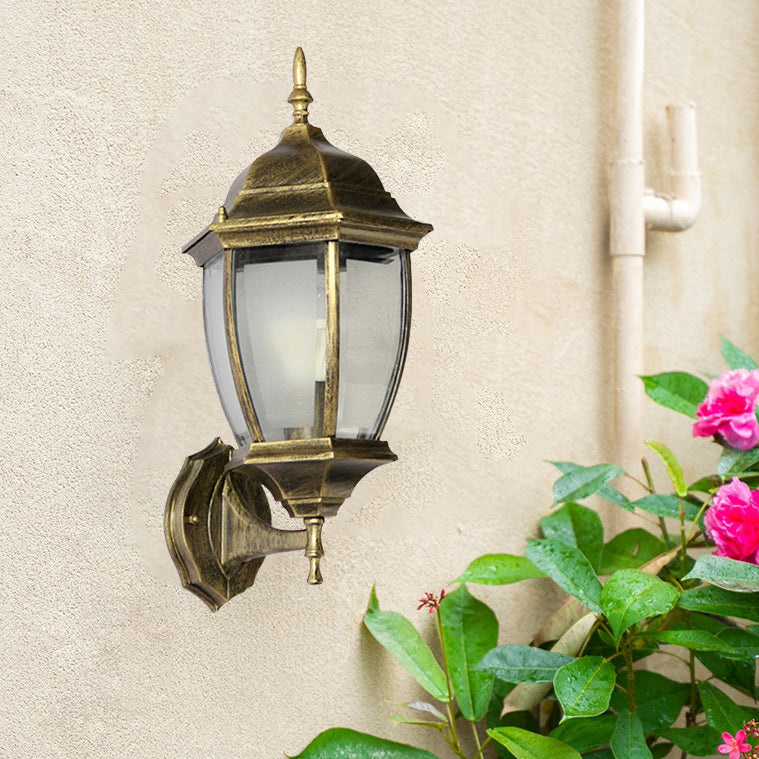 Contemporary Retro Waterproof Hexagonal Cage Aluminum Frosted Clear Glass 1-Light Wall Sconce Lamp For Outdoor Patio | Bowlift