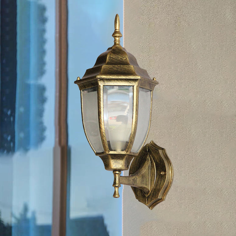 Contemporary Retro Waterproof Hexagonal Cage Aluminum Frosted Clear Glass 1-Light Wall Sconce Lamp For Outdoor Patio | Bowlift