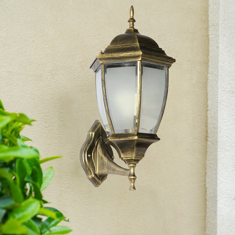 Contemporary Retro Waterproof Hexagonal Cage Aluminum Frosted Clear Glass 1-Light Wall Sconce Lamp For Outdoor Patio | Bowlift