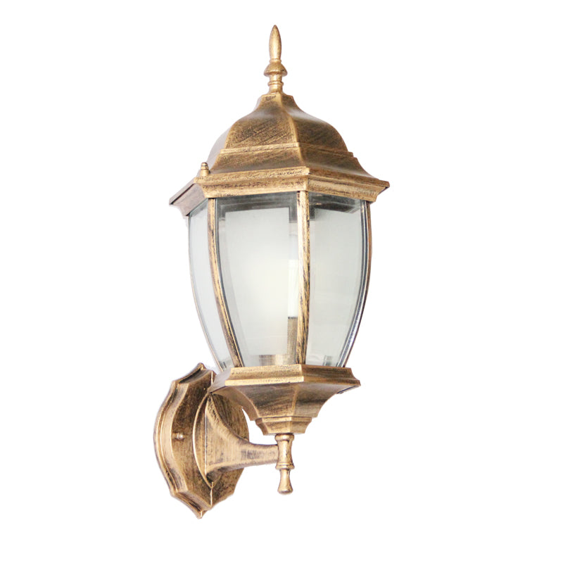 Contemporary Retro Waterproof Hexagonal Cage Aluminum Frosted Clear Glass 1-Light Wall Sconce Lamp For Outdoor Patio | Bowlift