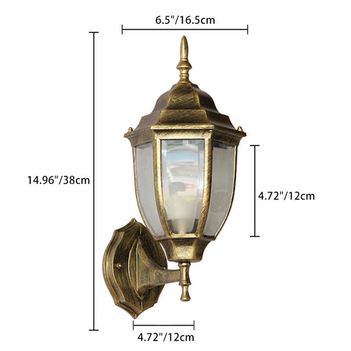 Contemporary Retro Waterproof Hexagonal Cage Aluminum Frosted Clear Glass 1-Light Wall Sconce Lamp For Outdoor Patio | Bowlift