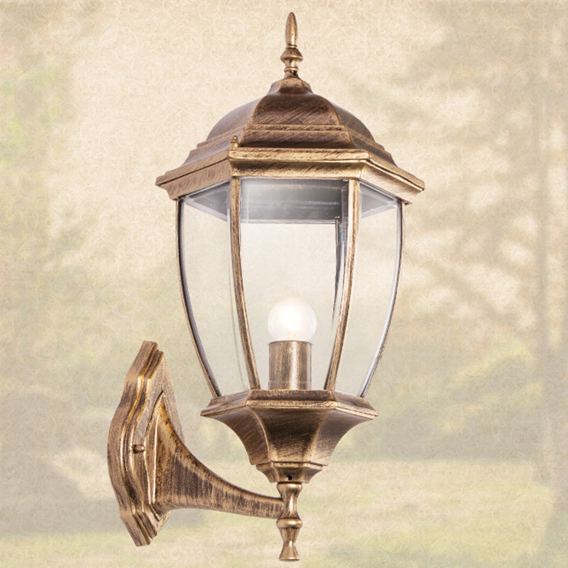 Contemporary Retro Waterproof Hexagonal Cage Aluminum Frosted Clear Glass 1-Light Wall Sconce Lamp For Outdoor Patio | Bowlift