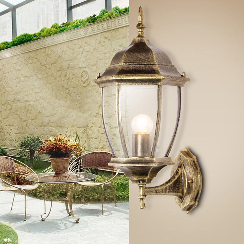 Contemporary Retro Waterproof Hexagonal Cage Aluminum Frosted Clear Glass 1-Light Wall Sconce Lamp For Outdoor Patio | Bowlift