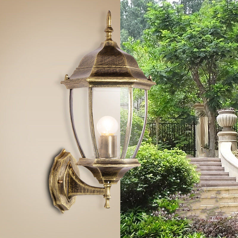 Contemporary Retro Waterproof Hexagonal Cage Aluminum Frosted Clear Glass 1-Light Wall Sconce Lamp For Outdoor Patio | Bowlift