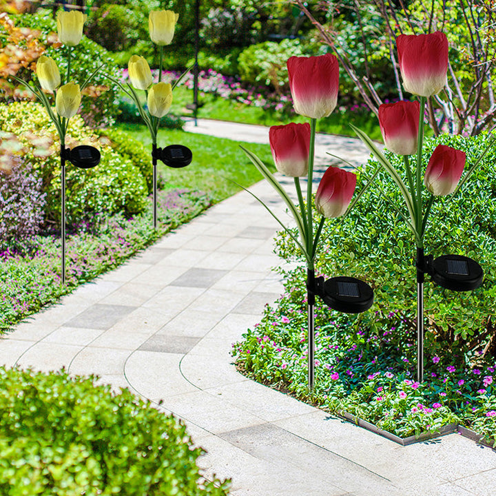 Contemporary Creative Solar Waterproof Faux Tulip Stainless Steel ABS Fabric LED Ground Plug Lawn Landscape Lamp For Outdoor Patio | Bowlift