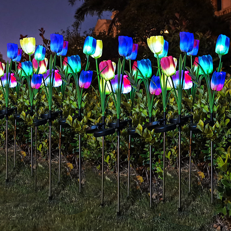 Contemporary Creative Solar Waterproof Faux Tulip Stainless Steel ABS Fabric LED Ground Plug Lawn Landscape Lamp For Outdoor Patio | Bowlift