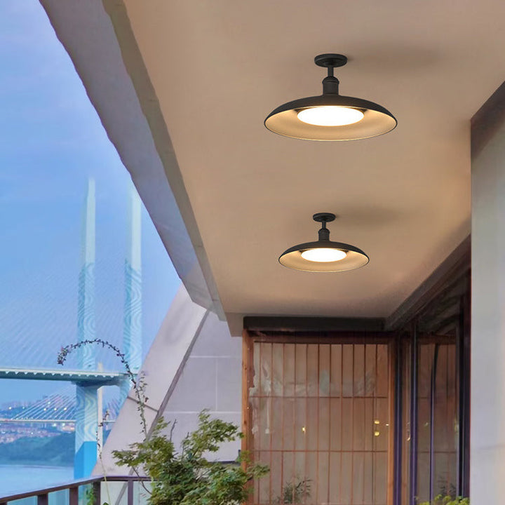 Traditional Vintage Waterproof Flared Cylinder Disc Base Iron 1-Light Semi-Flush Mount Ceiling Light For Outdoor Patio | Bowlift