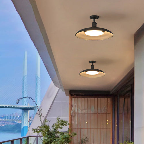 Traditional Vintage Waterproof Flared Cylinder Disc Base Iron 1-Light Semi-Flush Mount Ceiling Light For Outdoor Patio | Bowlift