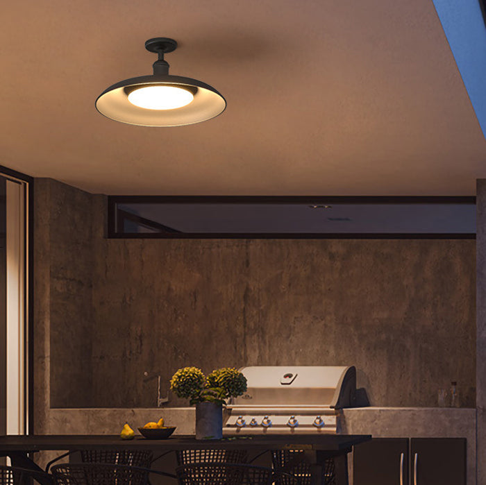Traditional Vintage Waterproof Flared Cylinder Disc Base Iron 1-Light Semi-Flush Mount Ceiling Light For Outdoor Patio | Bowlift