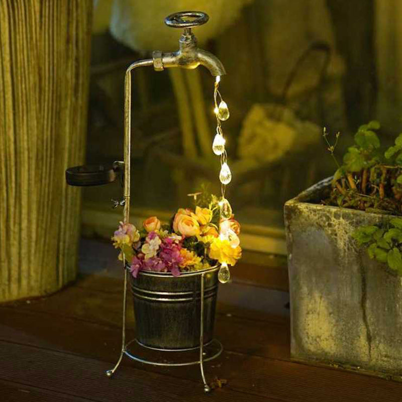 Modern Art Deco Solar Faucet Water Drops Flowing Water Planter Shape Iron LED Outdoor Light For Garden | Bowlift