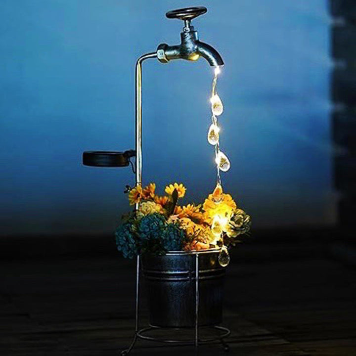 Modern Art Deco Solar Faucet Water Drops Flowing Water Planter Shape Iron LED Outdoor Light For Garden | Bowlift